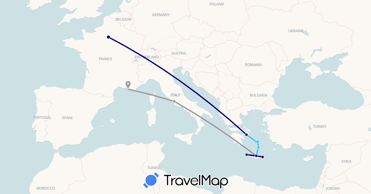 TravelMap itinerary: driving, plane, boat in France, Greece, Italy (Europe)